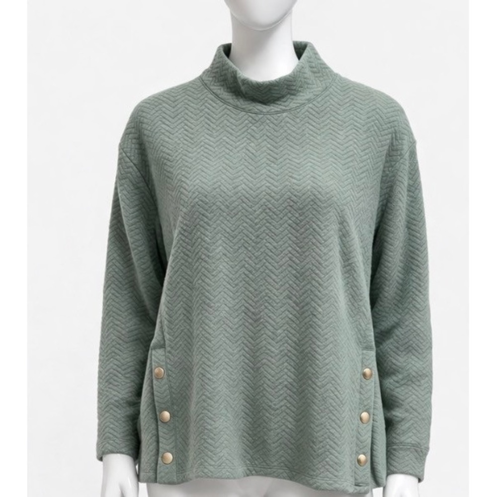 J. Crew Quilted Chevron Pullover Sweater Sage Green Mock Neck Button Side Top M